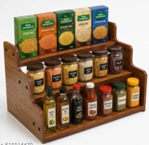 3-Tier Wooden Step Shelf – Rustic Kitchen, Pantry & Bathroom Organizer