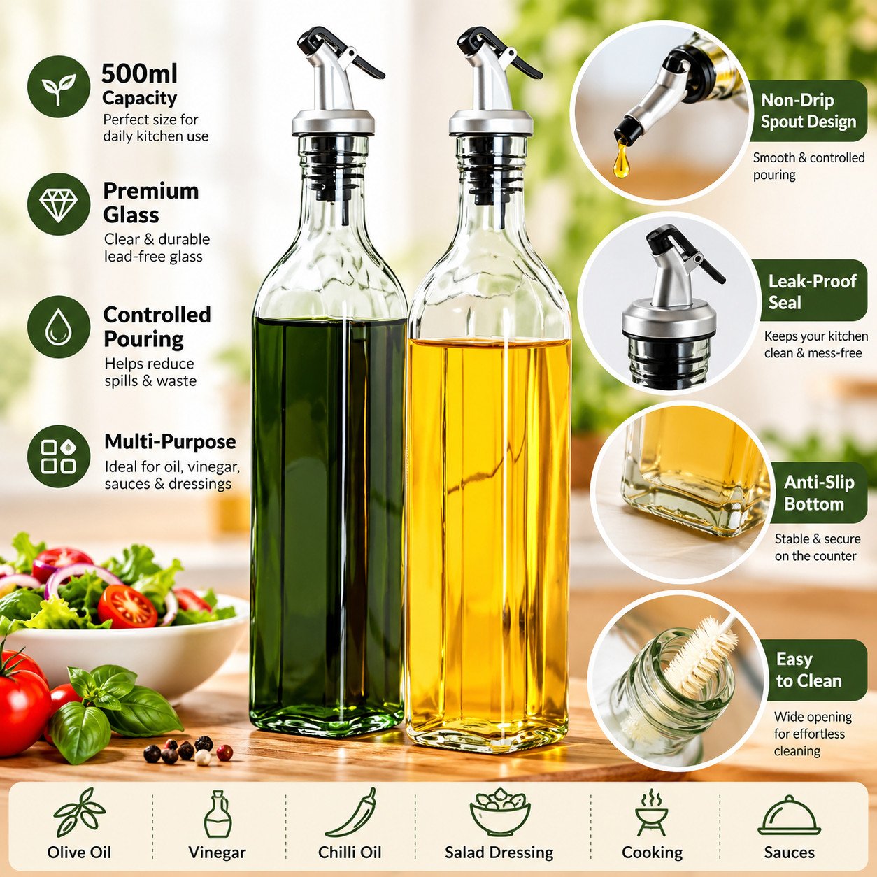 500ml Glass Oil & Vinegar Dispenser Set – 2 Piece Kitchen Pouring Bottles