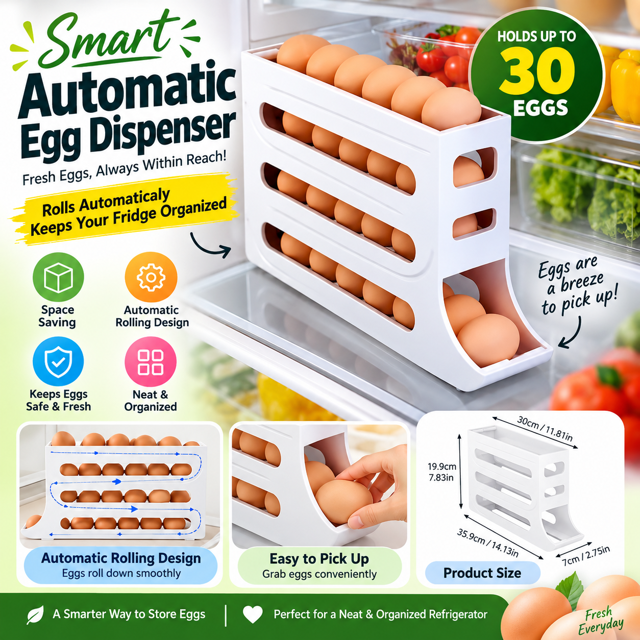Smart Automatic Egg Dispenser for Refrigerator, 4-Tier Rolling Egg Storage Organizer with 30-Egg Capacity, Convenient Fridge Egg Rack, Space-Saving Kitchen Organizer – 1 Pc (White)