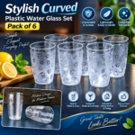 Curved Stylish Plastic Water Glass Set of 6 | Unbreakable Transparent Drinking Glasses | Elegant & Durable Glasses for Home, Kitchen & Dining
