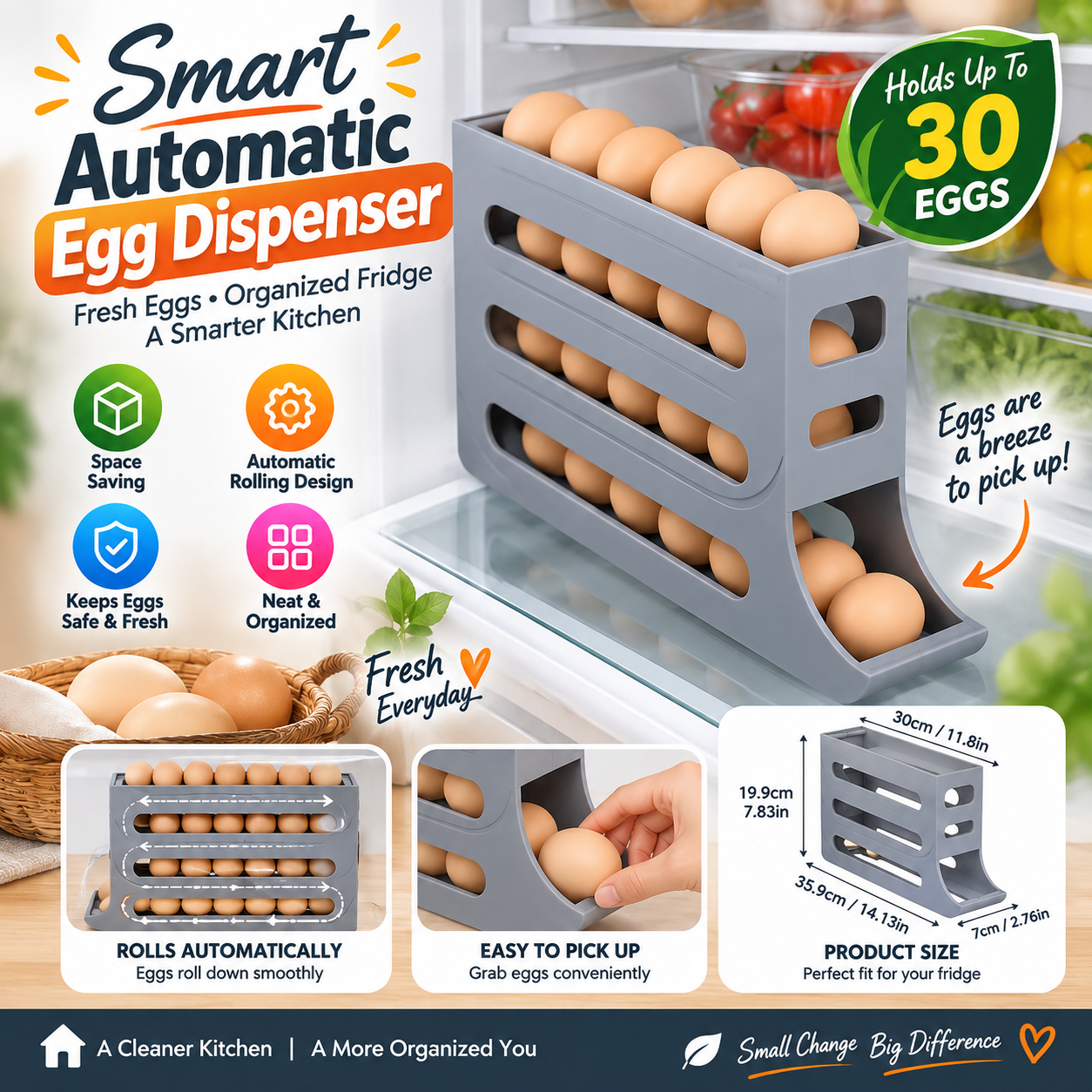Smart Automatic Egg Dispenser for Refrigerator, 4-Tier Rolling Egg Storage Organizer with 30-Egg Capacity, Convenient Fridge Egg Rack, Space-Saving Kitchen Organizer – 1 Pc (Grey)