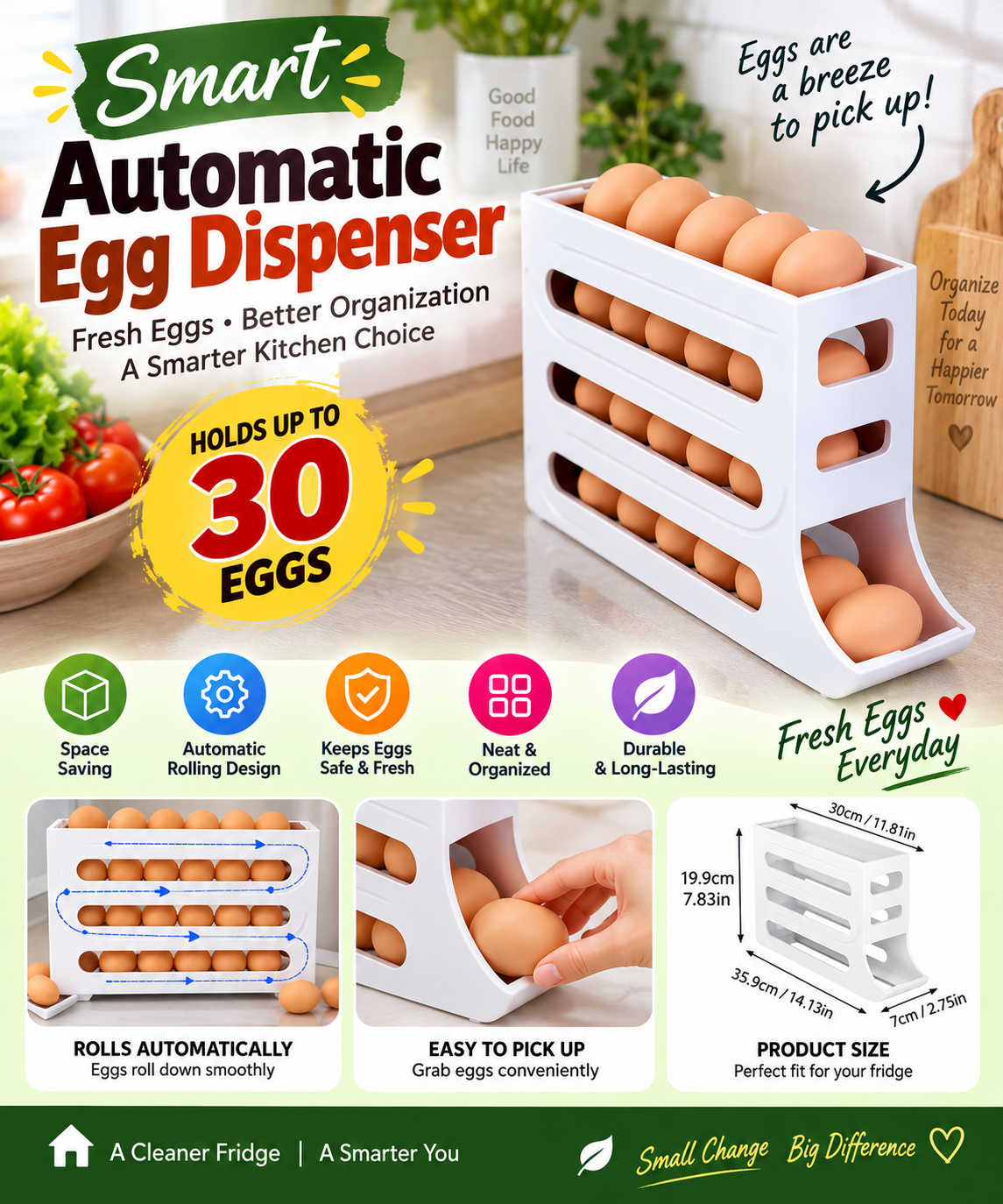 Smart Automatic Egg Dispenser for Refrigerator, 4-Tier Rolling Egg Storage Organizer with 30-Egg Capacity, Convenient Fridge Egg Rack, Space-Saving Kitchen Organizer – 1 Pc (White) - Image 3