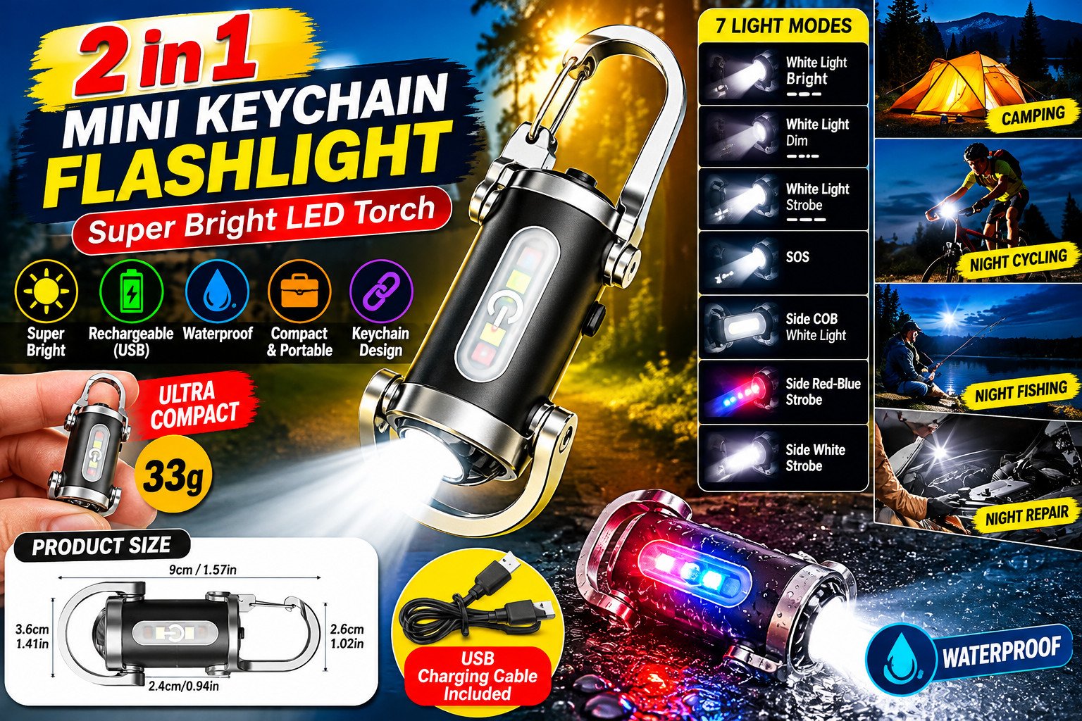 Super Bright 2-in-1 Mini Keychain Flashlight | Rechargeable Waterproof LED Key Ring Torch | Compact Pocket Light for Emergency, Camping & Outdoor Use