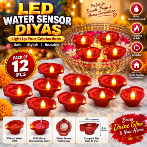 Pack of 12 LED Water Sensor Diyas – Automatic Touchless Sensor Floating Effect Diya Lights for Pooja, Diwali & Home Decoration