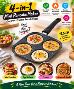 4-in-1 Mini Pancake Maker | Non-Stick Aluminium Tawa for Mini Pancakes, Egg Bullseye, Crepes, Uttapam & Snacks | 19.5 CM