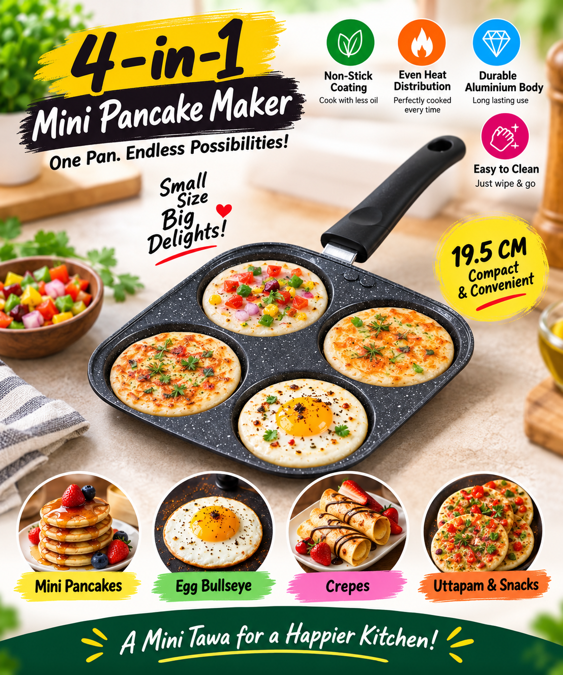 4-in-1 Mini Pancake Maker | Non-Stick Aluminium Tawa for Mini Pancakes, Egg Bullseye, Crepes, Uttapam & Snacks | 19.5 CM