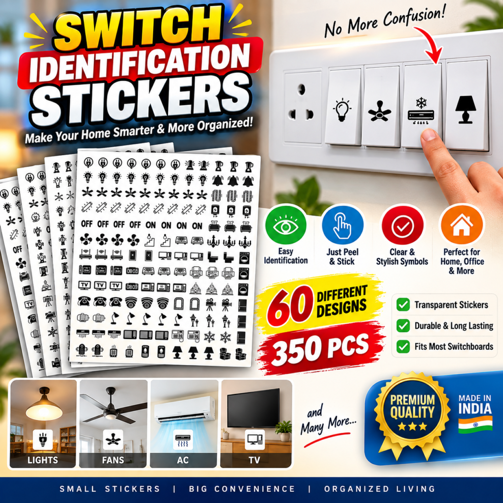 Transparent Switch Identification Stickers – 60 Designs, 350 Pcs | Electrical Switch & Socket Labels for Easy Identification