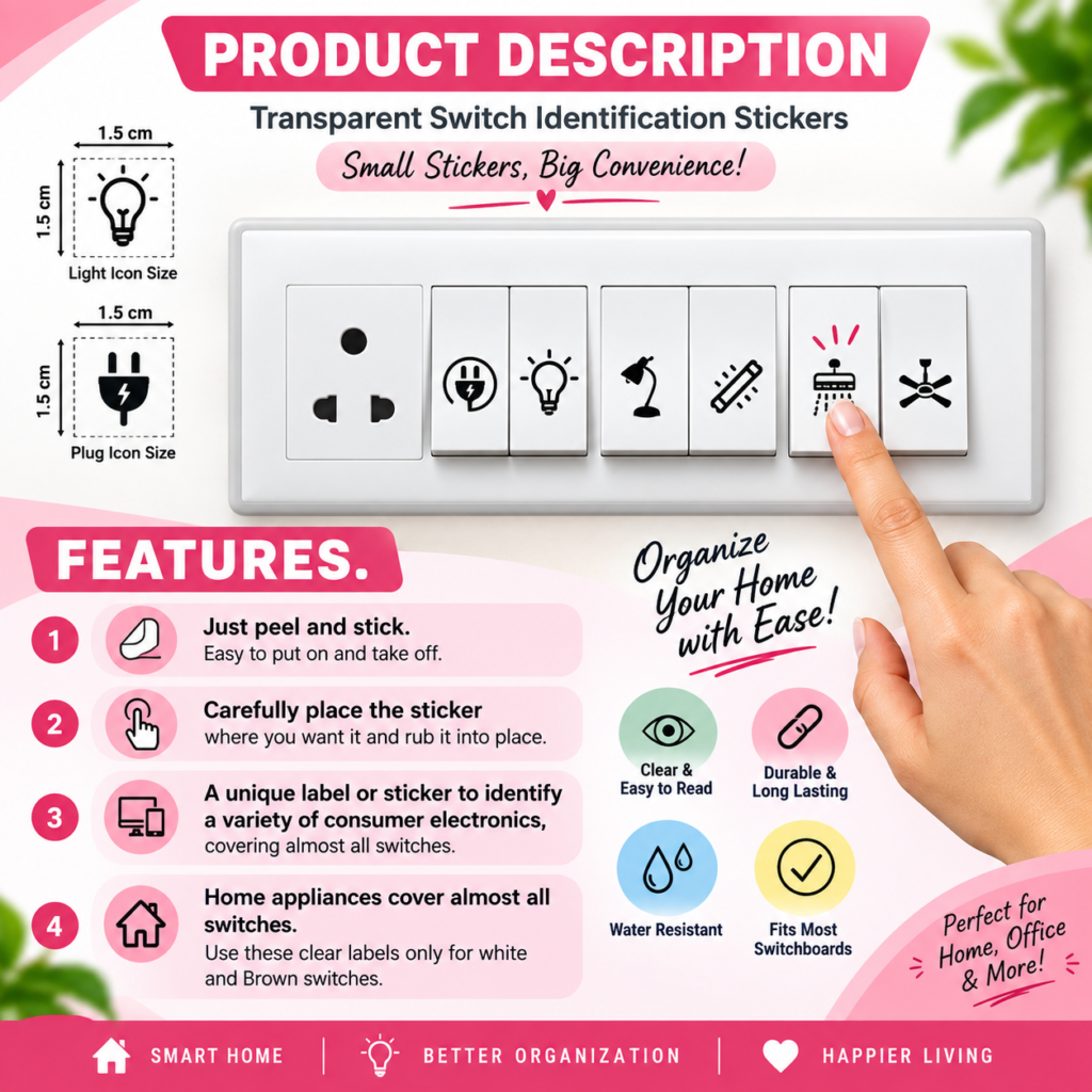 Transparent Switch Identification Stickers – 60 Designs, 350 Pcs | Electrical Switch & Socket Labels for Easy Identification